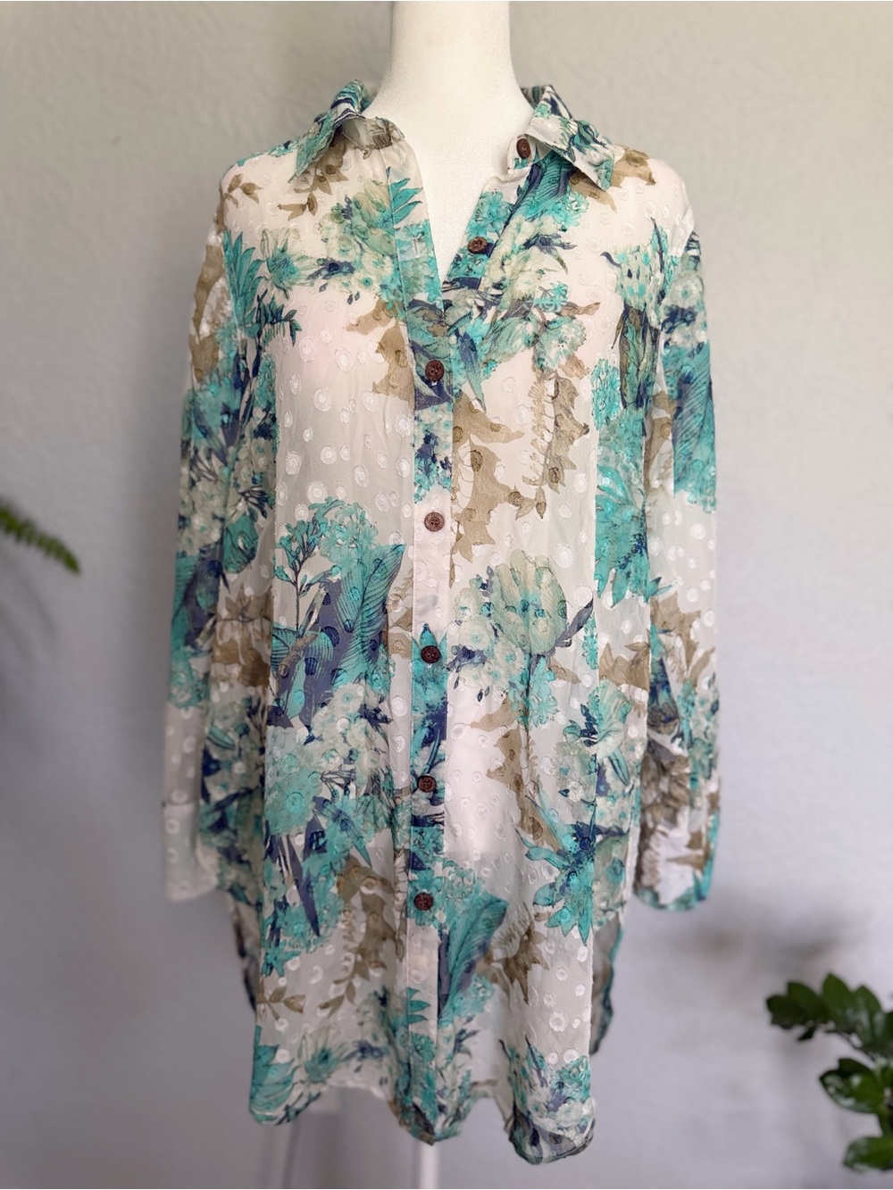 Multiples Sheer Floral Button-Up Tunic in Teal & Beige